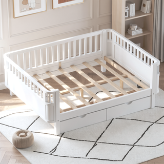Sunvega Full Size Wood Platform Bed for Kids with Rails and Storage Drawers