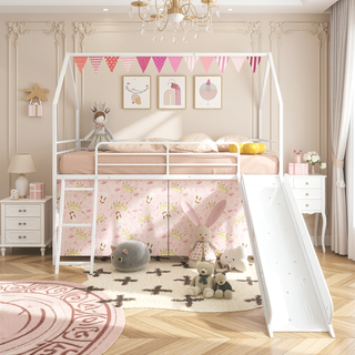 Sunvega Marvel Superhero Metal Twin Loft Bed with Slide and Curtain Set