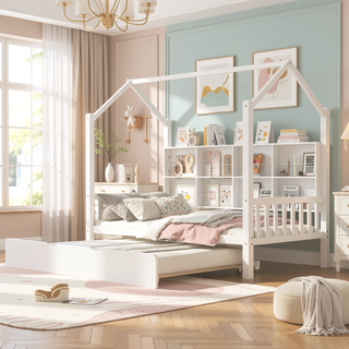 Sunvega Wooden Twin Size House Bed with Trundle and Playhouse Design Shelf