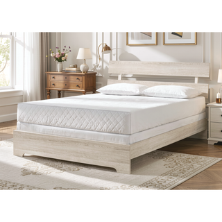 Sunvega Rustic Contemporary Platform Bed Frame with White Wash Finish and Slat Headboard