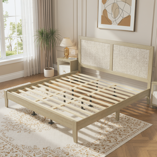 Sunvega Solid Wood Queen Bed Frame with Rattan Headboard and Silent Slats