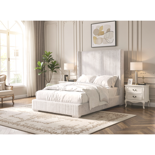 Sunvega Contemporary White Fur Chenille Fabric Mattress Ready Queen Size Bed