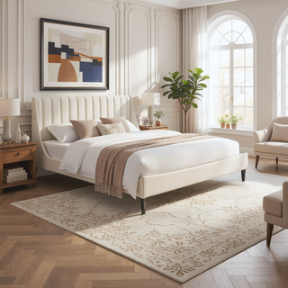 Sunvega Handmade Vertical Tufted Headboard Platform Bed Set in Light Beige Linen