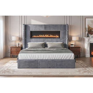 Sunvega King Size Upholstered Wooden Bed with Bluetooth Speakers and USB Ports