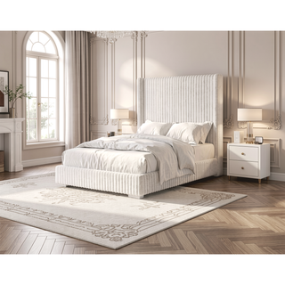 Sunvega Contemporary White Fur Chenille Fabric Mattress Ready Queen Size Bed