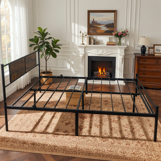 Sunvega Full Size Metal Bed Frame with Wood Panel Headboard in Black and Brown