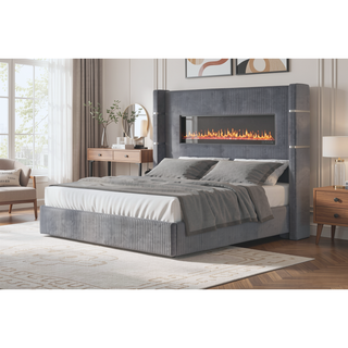 Sunvega Queen Size Upholstered Bed with Electric Fireplace and Bluetooth Speakers in Gray Velvet