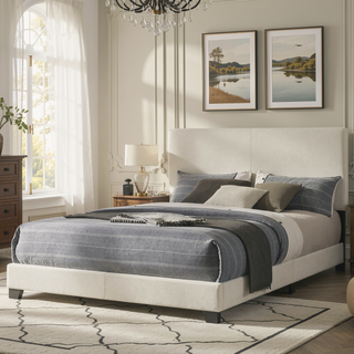 Sunvega Cream Upholstered Queen Bed with Padded Headboard and Black Wood Legs