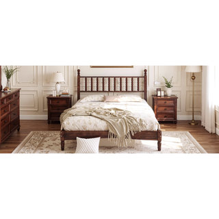Sunvega Retro Style Queen Size Wood Platform Bed with Gourd Shaped Headboard and Slat Support