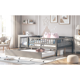 Sunvega Natural Twin Size Wood Daybed with Trundle and Fence Guardrails