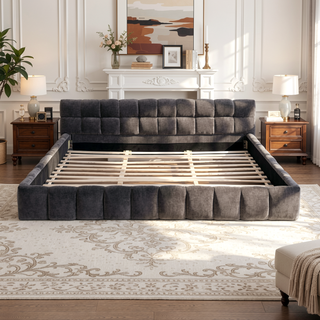 Sunvega Grounded California King Upholstered Bed Frame with Soft Chenille Fabric Headboard