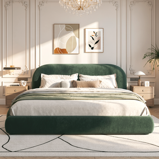 Sunvega Cream Upholstered Bed with Curved Headboard and Granular Fabric