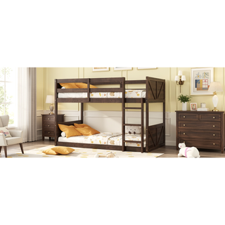 Sunvega Twin Over Twin Bunk Bed with Vintage Panelled Headboard and Safety Guardrails