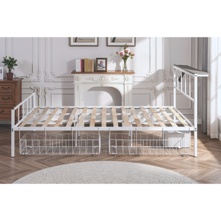 Sunvega Contemporary White Metal Queen Size Bed With Underbed Storage and USB Outlet