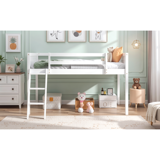 Sunvega White Full Size Low Loft Wood Bed with Convertible Left or Right Ladder