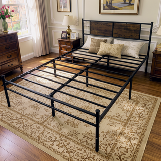 Sunvega Full Size Metal Bed Frame with Wood Panel Headboard in Black and Brown