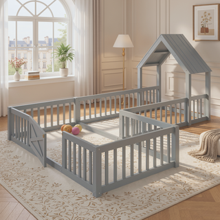 Sunvega Full Size House Floor Bed with Door and Full-Length Guardrails for Kids