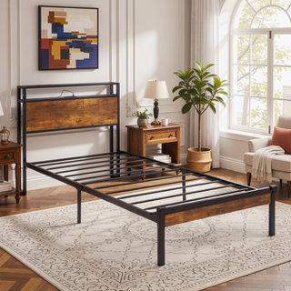 Sunvega King Size Metal Platform Bed Frame with Wooden Headboard and Footboard
