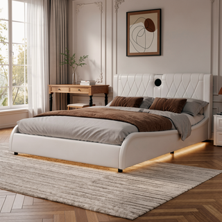 Sunvega Queen Size Faux Leather Platform Bed with RGB LED Lights Bluetooth Speakers