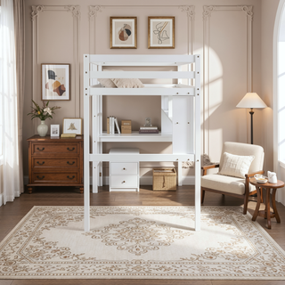 Sunvega Twin Size Loft Bed with Desk, Shelves, Safety Guardrail and Ladder in White