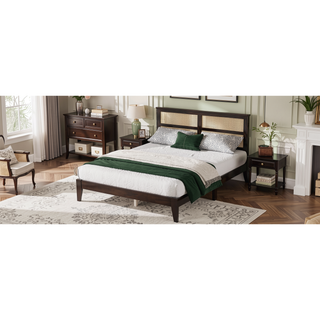 Sunvega Full Size Bed with Rattan Headboard Two Storage Drawers and Enhanced Support Slats