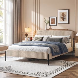 Sunvega Queen Upholstered Bed with Channeled Headboard and Sturdy Metal Frame