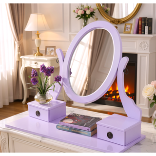 Sunvega Pink Wood Makeup Vanity Table and Stool Set with Mirror and Storage Drawers