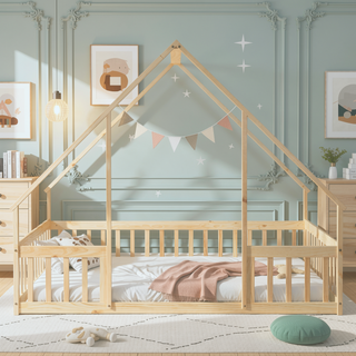 Sunvega Twin Wood House Floor Bed with Guardrail Fence in Grey