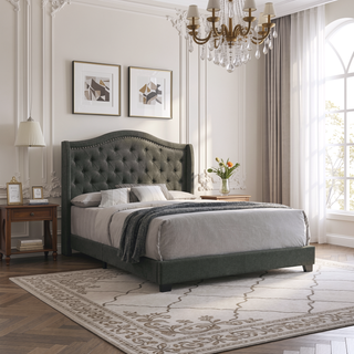Sunvega Copper Beige Upholstered Queen Wingback Bed with Classic High Back Design