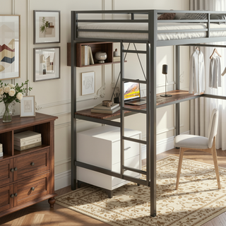Sunvega Sturdy Twin Loft Bed with Desk and Closet Rod for Bedroom Space Saving