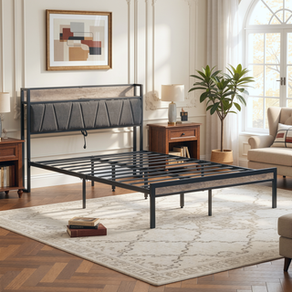 Sunvega Full Size Metal Platform Bed Frame with Upholstery Storage Headboard and Footboard