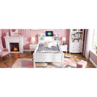 Sunvega White Twin Size Wood Platform Bed with LED Light Headboard and 2 Drawers