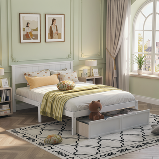 Sunvega White Full Size Pine Wood Platform Bed with Underbed Drawers