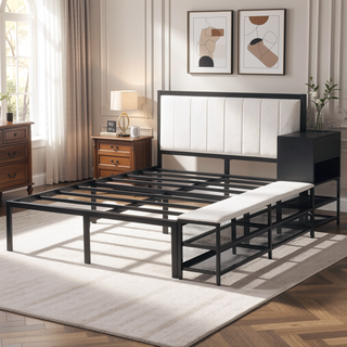 Sunvega Full Size Metal Platform Bed with Two Tier Storage Shelves and Wooden Cabinet