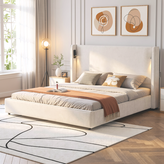 Sunvega King Size Upholstered Bed Frame with High Wingback Headboard and Reading Lamp