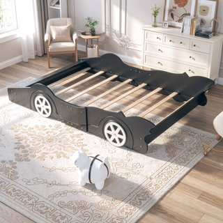 Sunvega Blue Twin Size Race Car-Shaped Platform Bed with Wheels for Kids
