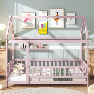 Sunvega Twin Size Wooden Floor Bed with Roof Frame and Safety Guardrails in Grey