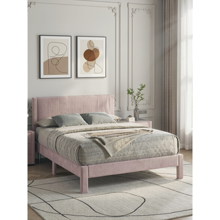 Sunvega Pink Ribbed Upholstered Headboard with Low-Profile Frame for Youth Bedroom