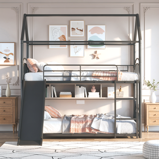 Sunvega Twin Over Twin Metal Bunk Bed With Slide And Removable Playhouse Roof