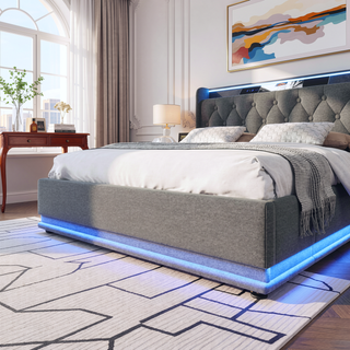 Sunvega Full Size Upholstered Bed with 360 LED Lighting Hydraulic Storage and USB Charging