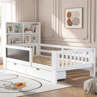 Sunvega Twin Solid Wood Platform Bed with Chalkboard Headboard and Storage Drawers