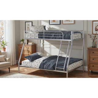 Sunvega Twin Over Full Metal Bunk Bed with Angled Ladder in Silver Contemporary Style