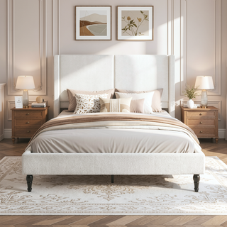 Sunvega King Size Bed Frame with High Back Upholstered Headboard and Boucle Fabric