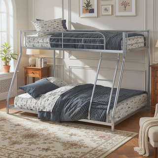 Sunvega Twin Over Full Metal Bunk Bed with Angled Ladder in Silver Contemporary Style