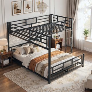 Sunvega L-Shaped Metal Twin Over Full Bunk Bed with Guard Rails