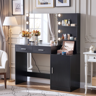Sunvega Black 46.4 Inch Vanity Desk with Mirror Lights and Large Drawers