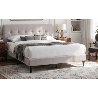 Sunvega Light Brown Burlap Queen Size Bed with Nailhead Trim and Sloped Curve