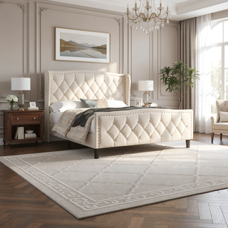 Sunvega Modern Upholstered Queen Size Platform Bed with Wingback Headboard and Wood Slat Support
