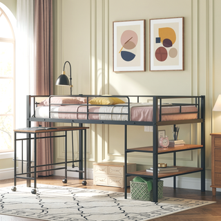 Sunvega Twin Size Metal Loft Bed with Desk, Shelves, and Full Guardrail