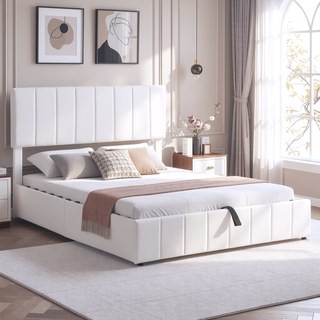 Sunvega Upholstered Platform Bed with Hydraulic Storage System in White Linen